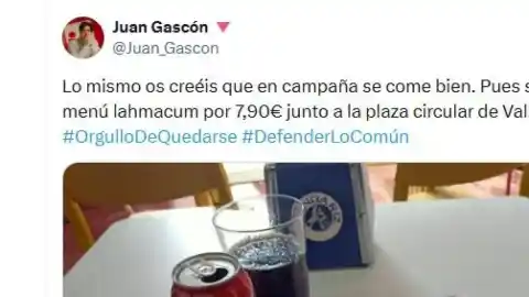 Imagen 1 de Juan Gascón comparte en X su menú de 7,90 euros